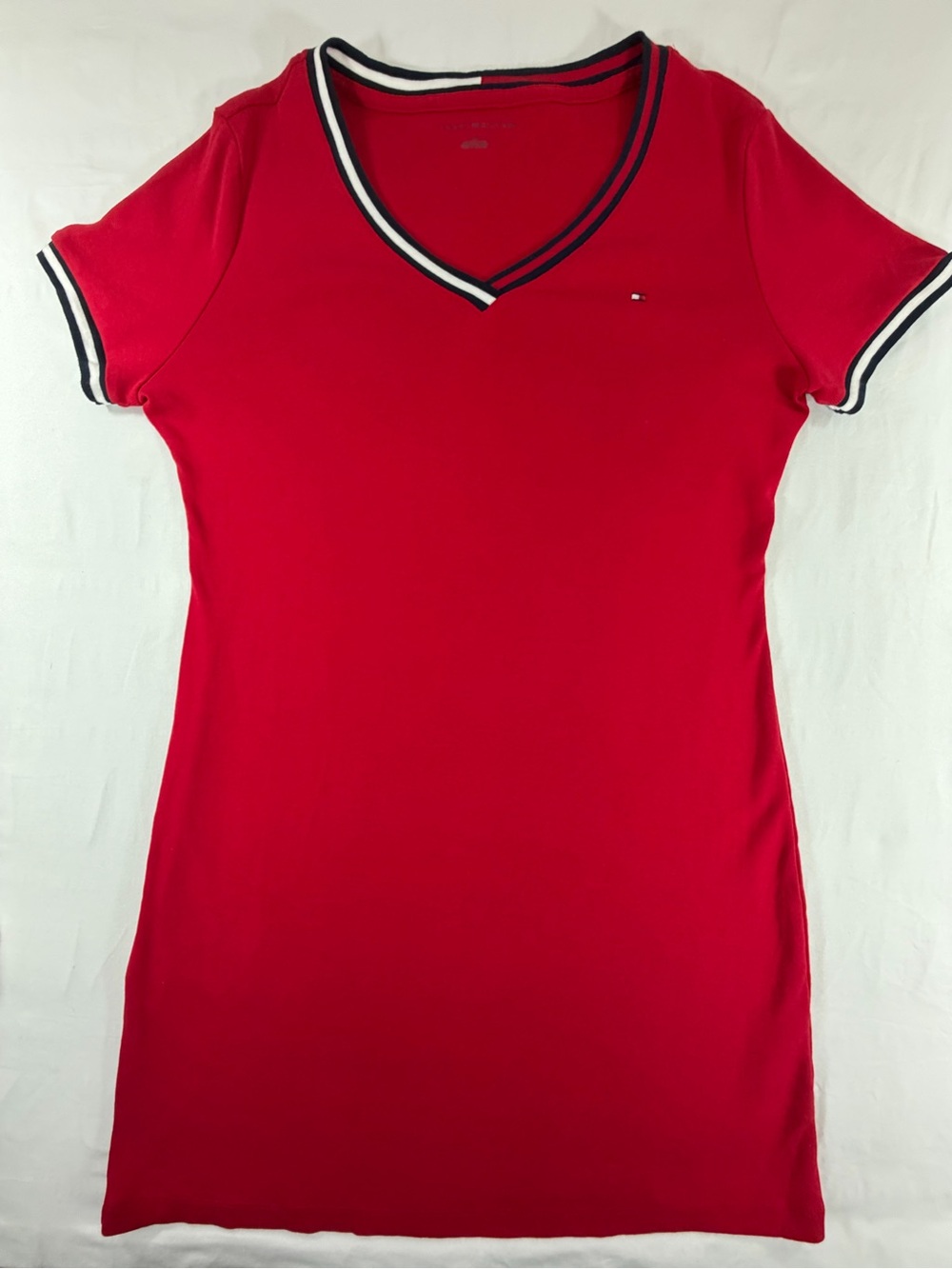 Tommy‎ Hilfiger Red V‑Neck Short Sleeve Tunic with Navy & White Trim